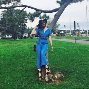 Club Monaco Lasse Blue Denim Short Sleeve Belted Jumpsuit